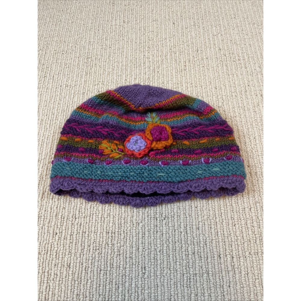 Lost Horizons Women Knit Winter Wool Hat Beanie Multicolored Floral Fleece Lined